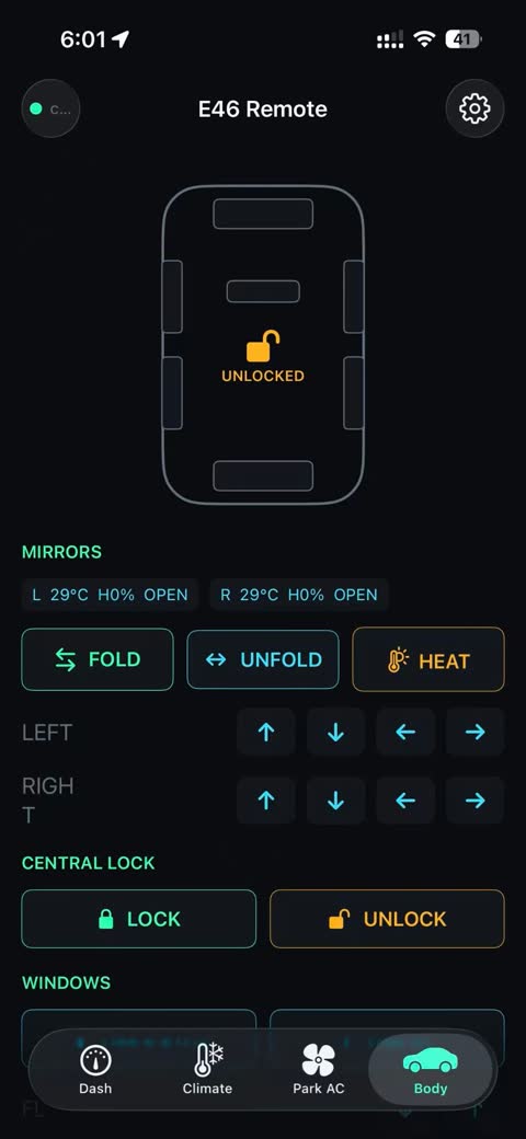 DELFA Connect companion app — E46 remote, central lock and mirror control